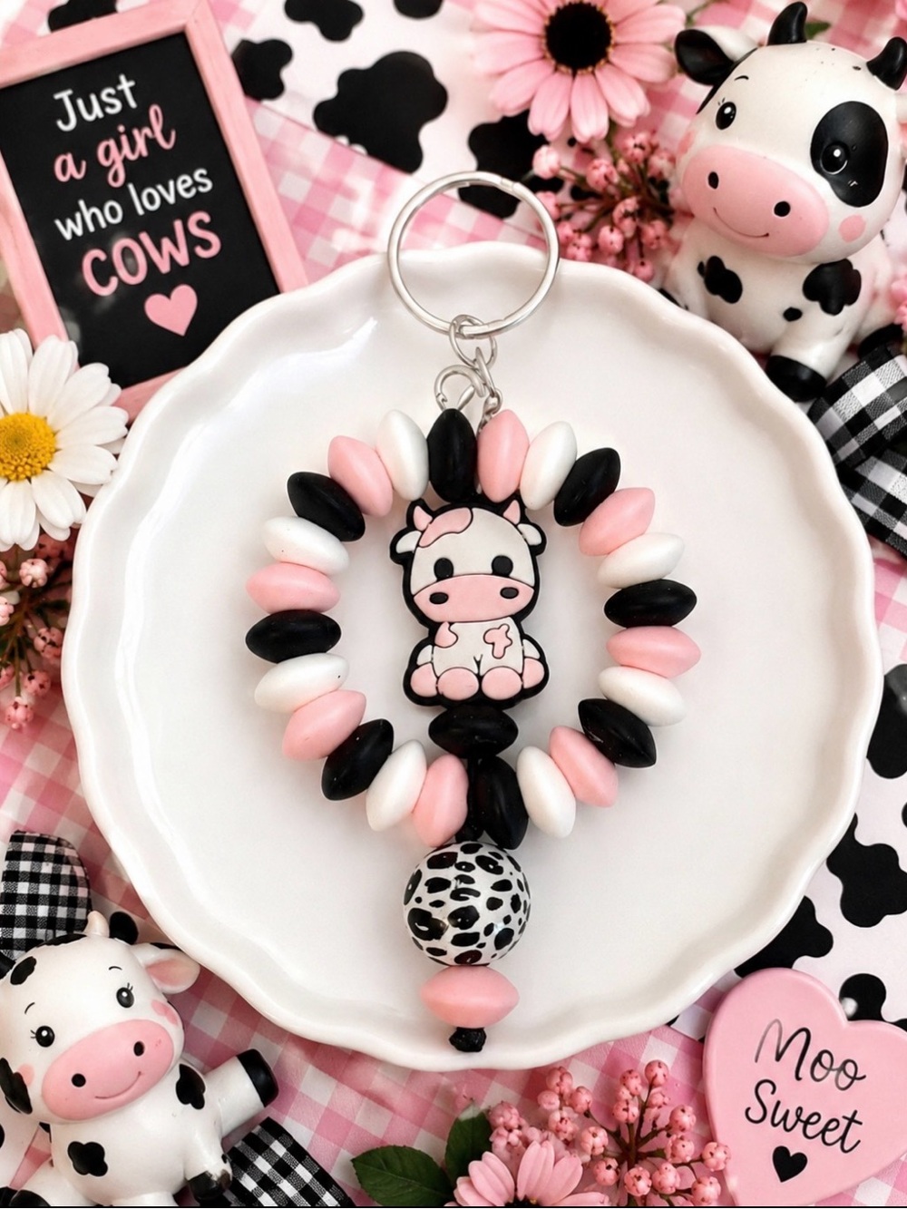 Hand Crafted Pink, White & Black Cow Beaded Keychain